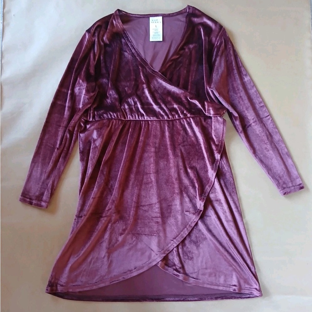 Serra Velvet Faux-Wrap Baby Doll Dress Womens L Maroon Long Sleeve Knee Length